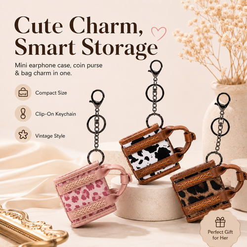 Cow Print PU Leather Earphone Case with Keychain