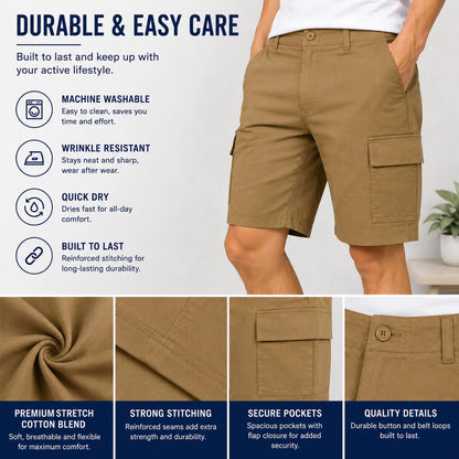 Mens 3-Pack Super Stretch Cargo Shorts with Zipper Pockets