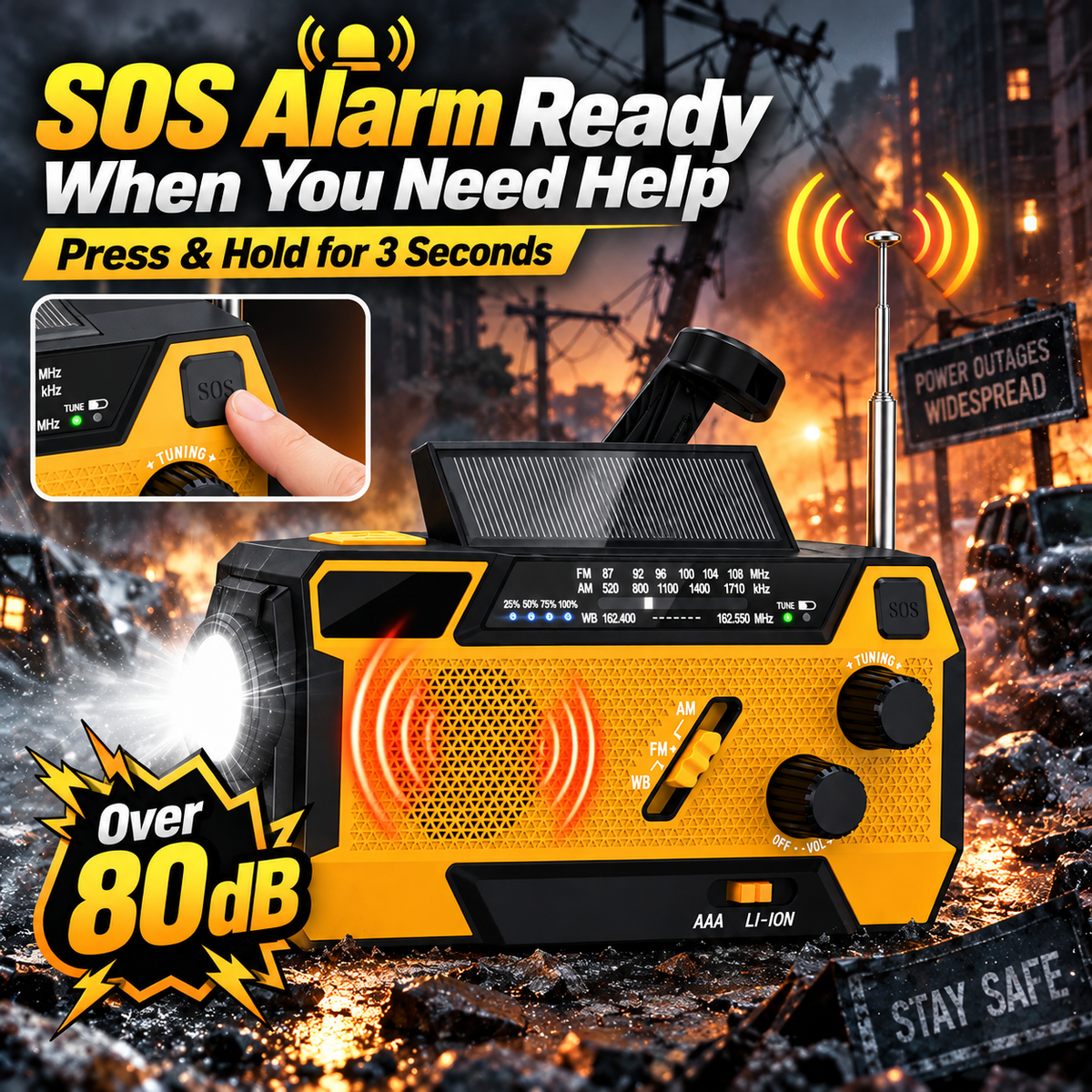 2000mAh Solar Powered Portable Survival Radio with Flashlight & SOS Alarm