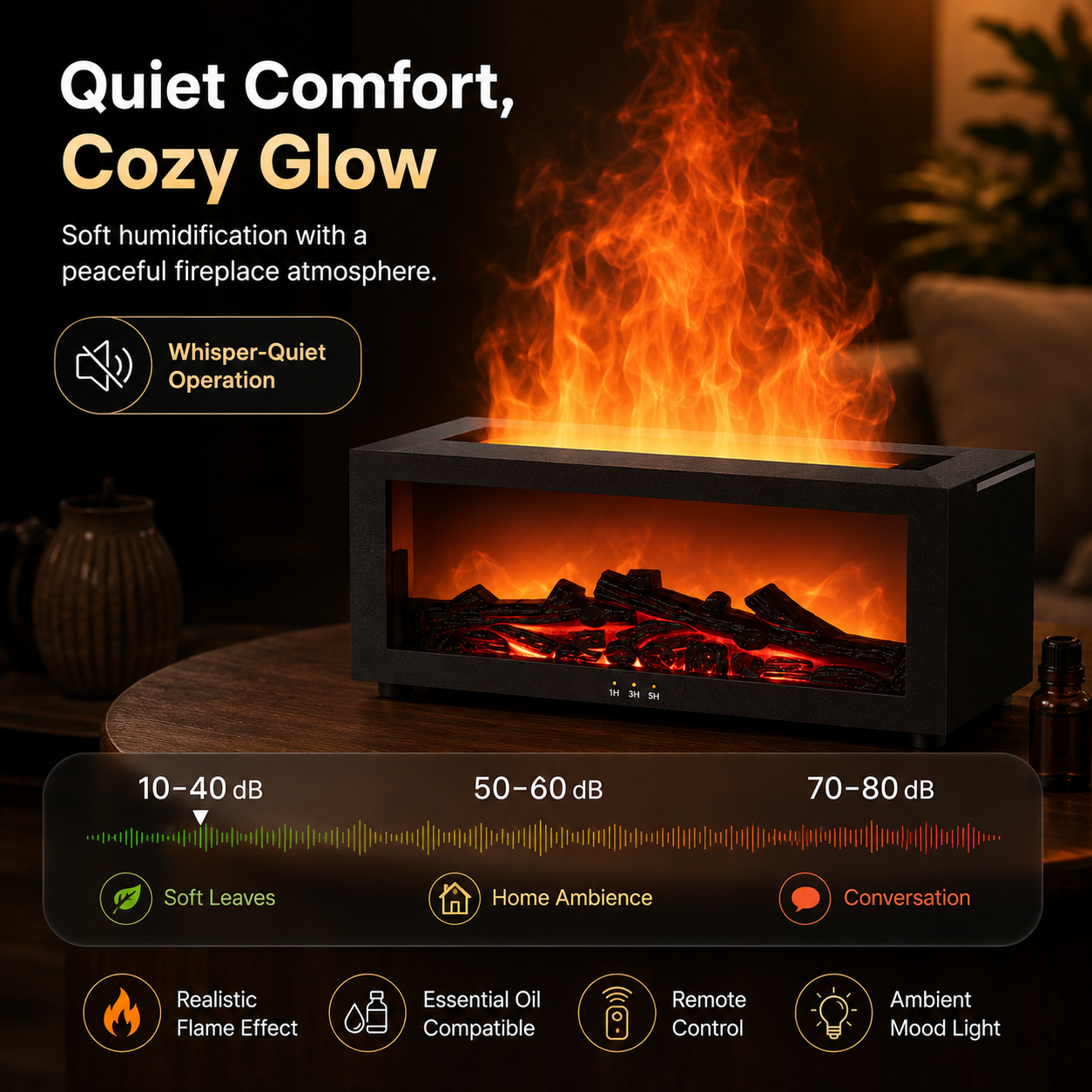 Colorful Fireplace Flame Humidifier Aromatherapy Diffuser with Remote and Timer for Home and Office