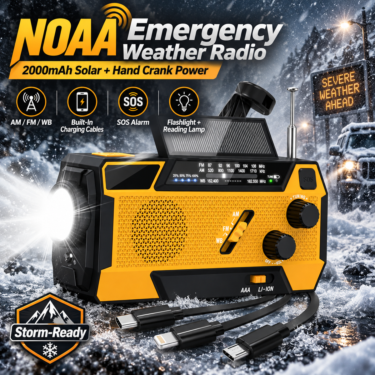 2000mAh Solar Powered Portable Survival Radio with Flashlight & SOS Alarm