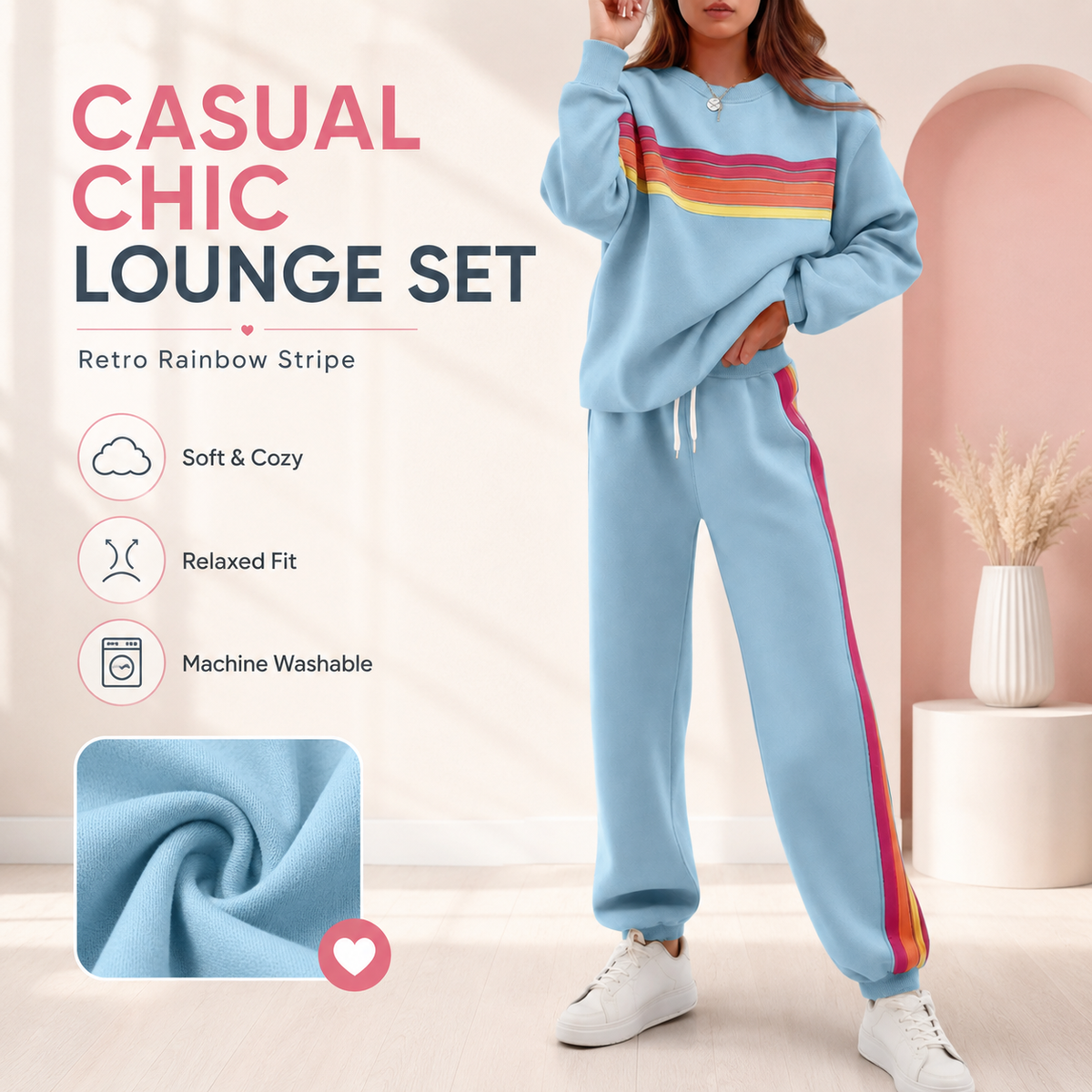 Women's 2-Piece Boxy Sweat Set in Retro Rainbow Stripe