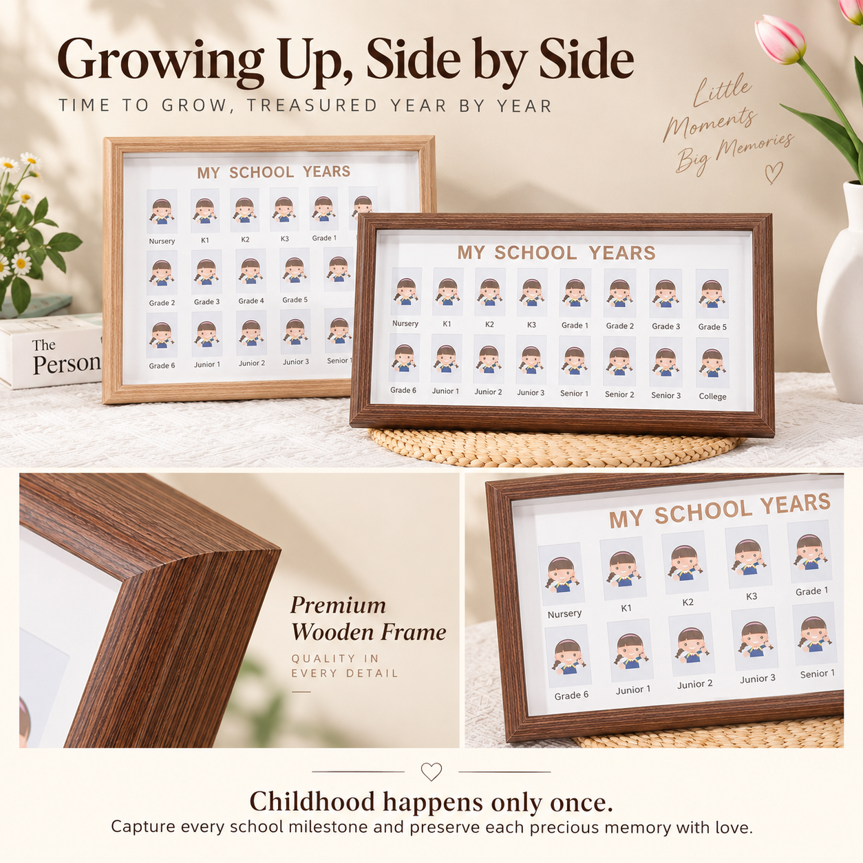 Handmade Wood School Photo Frame, School Years Picture Collage Frame