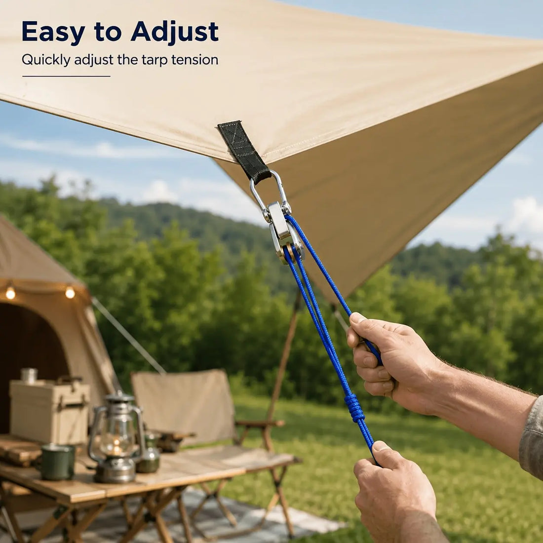Rope roller adjusting a campsite tarp