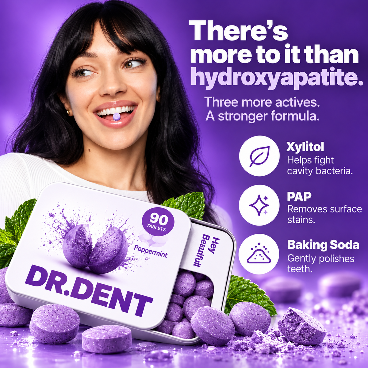 Purple tone-correcting toothpaste tablet formula overview