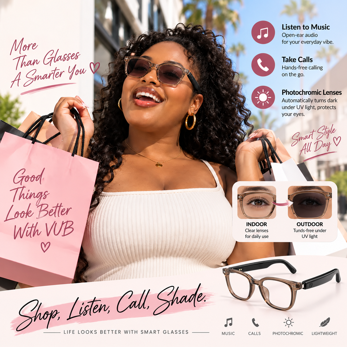 Smart Photochromic Bluetooth Audio Glasses with Anti-Blue Light Lenses