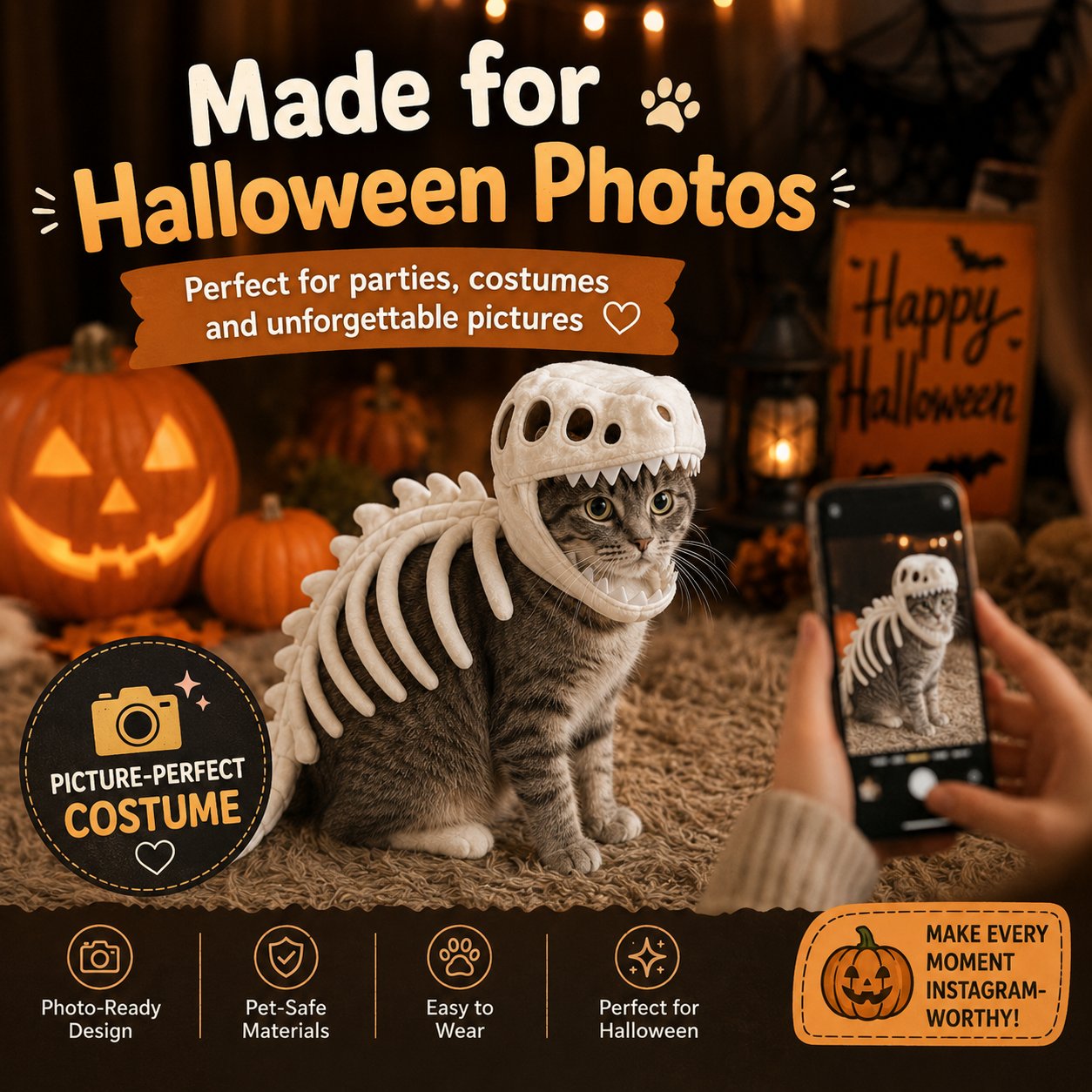 🦖 Glow-in-the-Dark Dinosaur Skeleton Pet Costume