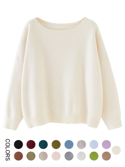 Women's Plain Scoop Neck Sweater Casual Long Sleeve Knit Top for Fall & Winter