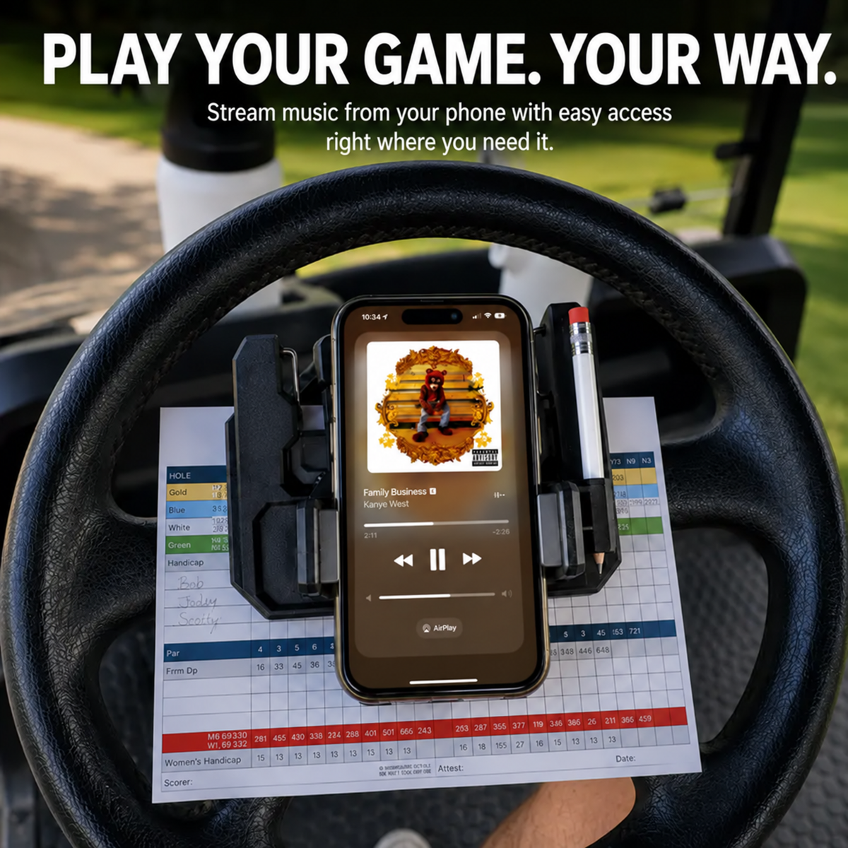 Smartphone music controls visible on a golf cart steering wheel mount
