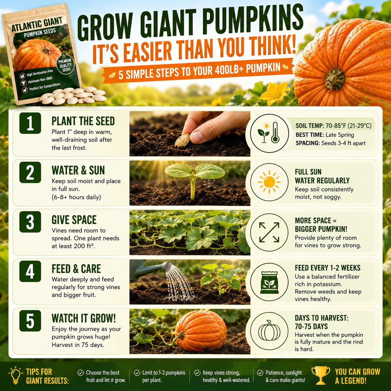 ⏰Limited Stock 49% OFF🎃Grow Your Own Giant Pumpkins – Atlantic Giant Heirloom Seeds