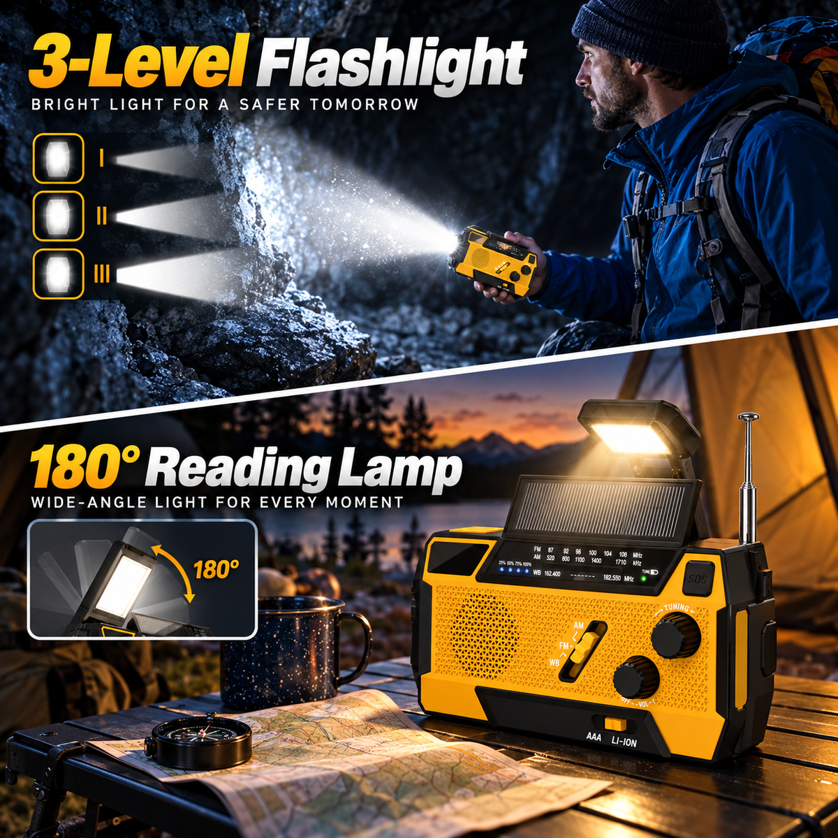 2000mAh Solar Powered Portable Survival Radio with Flashlight & SOS Alarm
