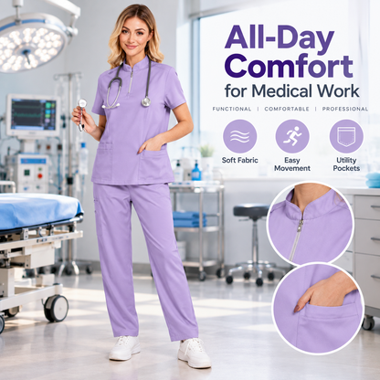 Unisex Surgical Scrubs Set with Stand Collar Zipper Top and Straight Leg Pants