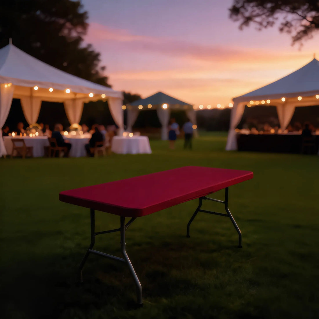Red fitted table cover used at an evening outdoor party