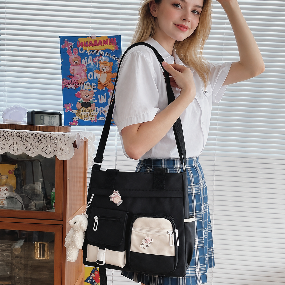Canvas Tote Bag with Multi Pockets for Women