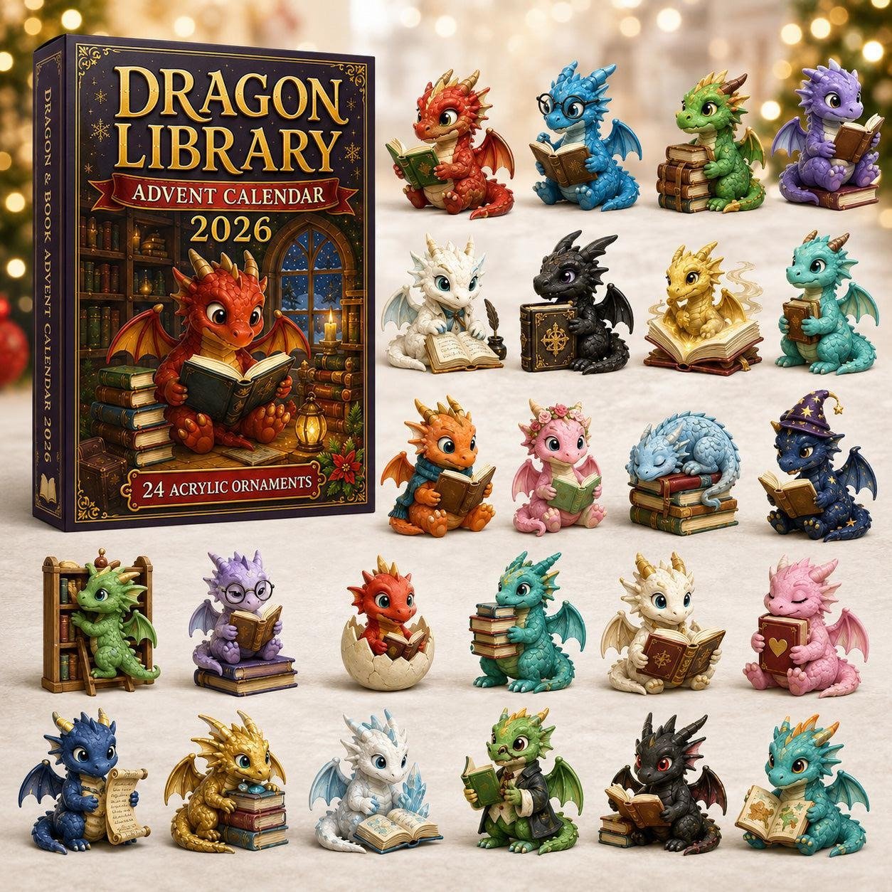 2026 Dragon Library Advent Calendar – Unlock 24 Cosy Chapters of Baby Dragon Magic, Acrylic Ornaments Blind Box