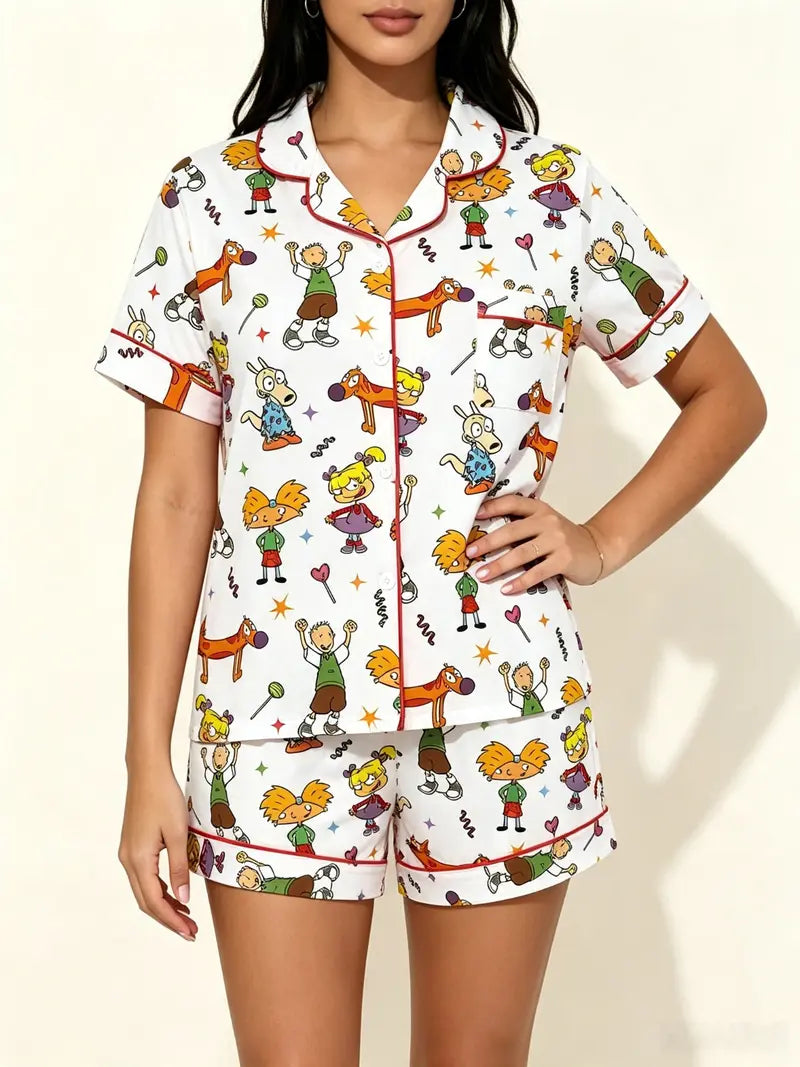 Teen Retro Cartoon Print Pajama Set -Soft Comfortable Short Sleeve Sleepwear