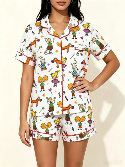 Teen Retro Cartoon Print Pajama Set -Soft Comfortable Short Sleeve Sleepwear