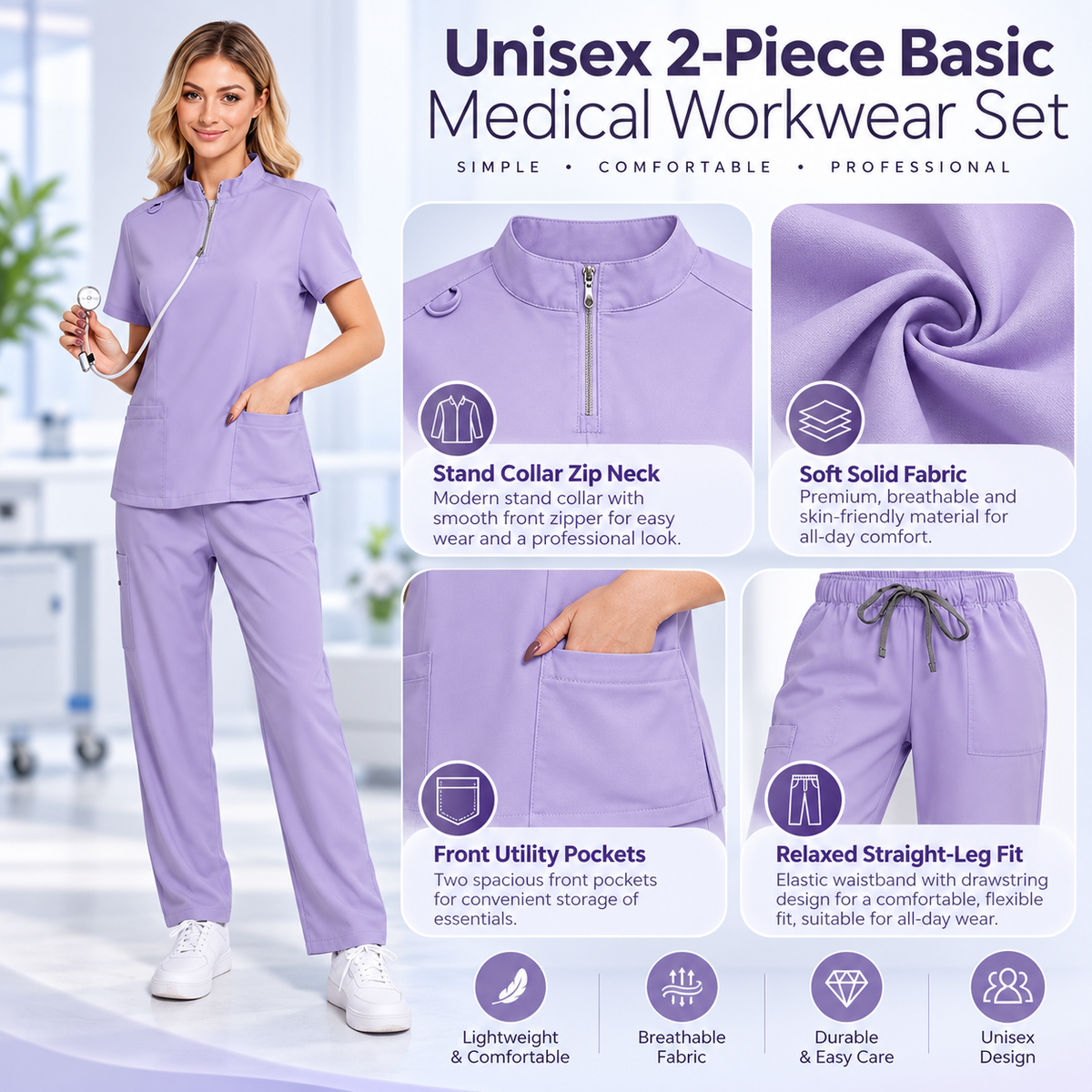 Unisex Surgical Scrubs Set with Stand Collar Zipper Top and Straight Leg Pants