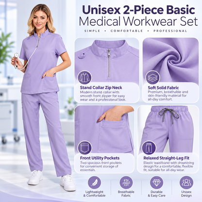 Unisex Surgical Scrubs Set with Stand Collar Zipper Top and Straight Leg Pants