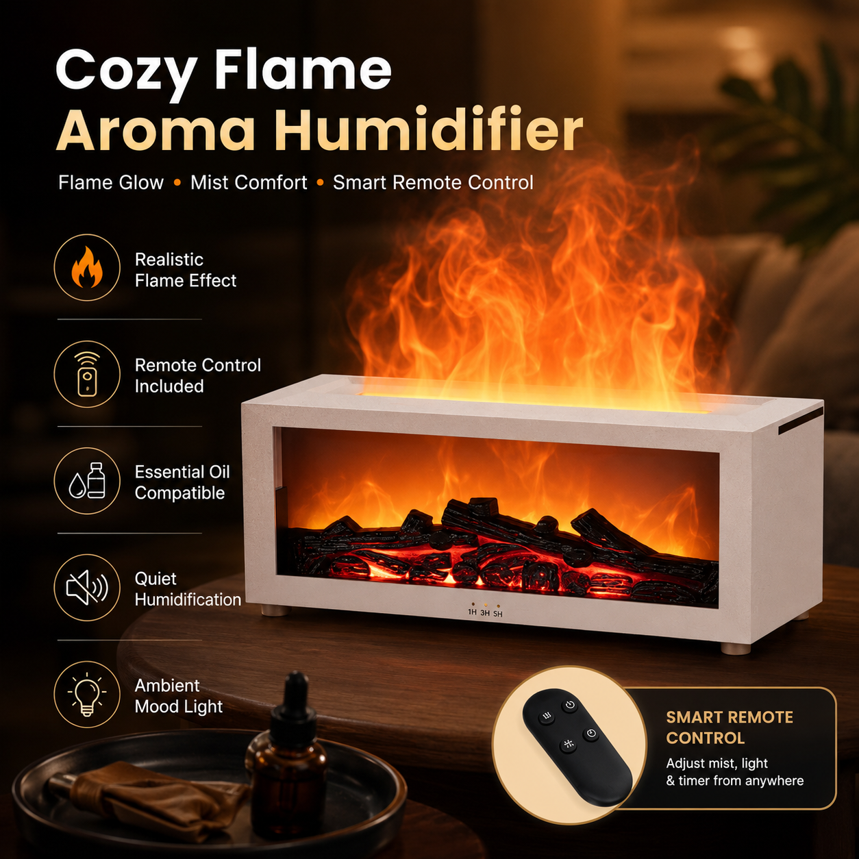Colorful Fireplace Flame Humidifier Aromatherapy Diffuser with Remote and Timer for Home and Office