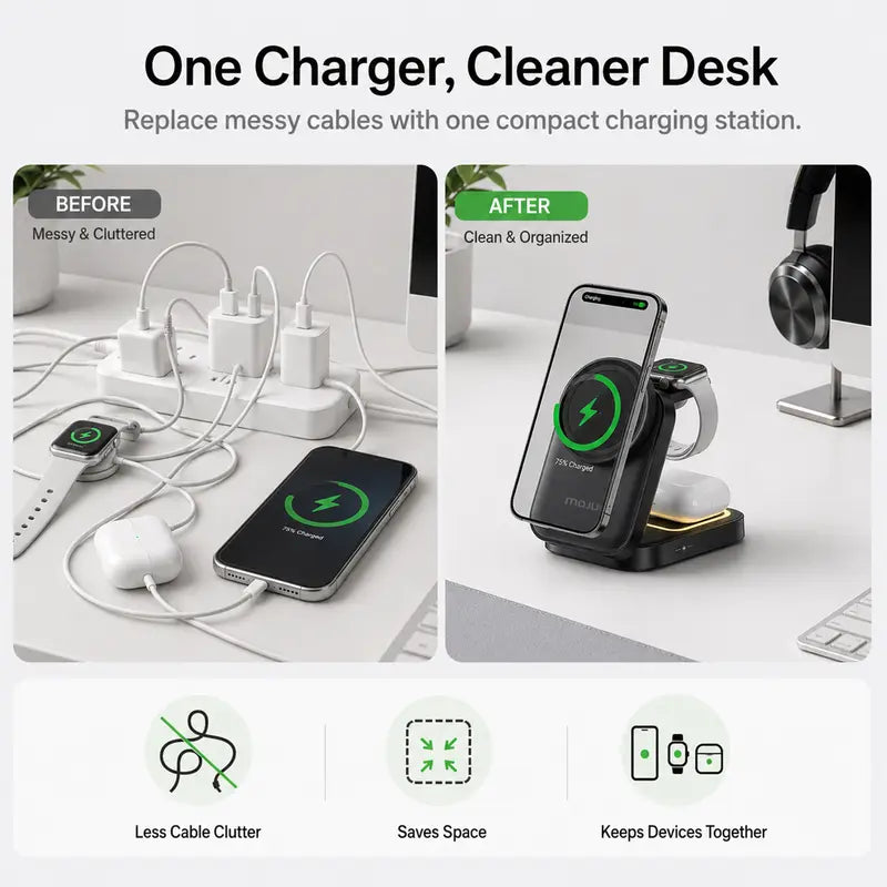 ⚡ 3-in-1 Foldable Magnetic Charger – Charge Phone, Watch & Earbuds at Once