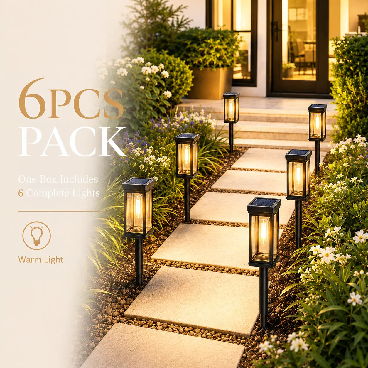 ☀️6-Pack Solar Pathway Lights Outdoor – IP65 Waterproof Warm White Garden Lights