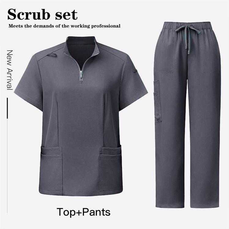Unisex Surgical Scrubs Set with Stand Collar Zipper Top and Straight Leg Pants