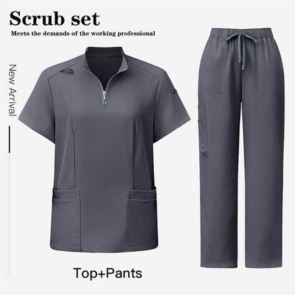 Unisex Surgical Scrubs Set with Stand Collar Zipper Top and Straight Leg Pants