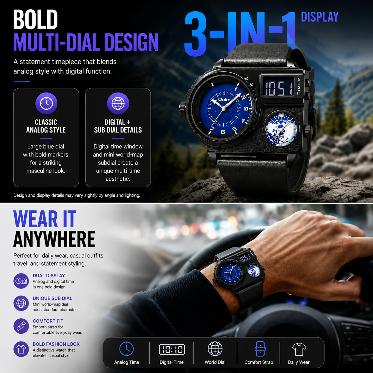 Bold Multi-Display Analog Digital Watch