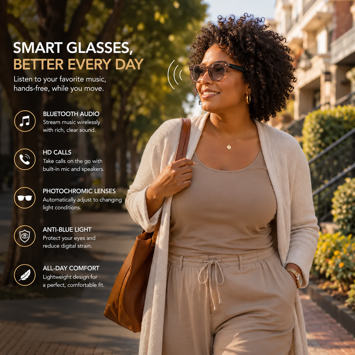 Smart glasses feature overview with Bluetooth audio calls photochromic lenses and anti-blue-light design