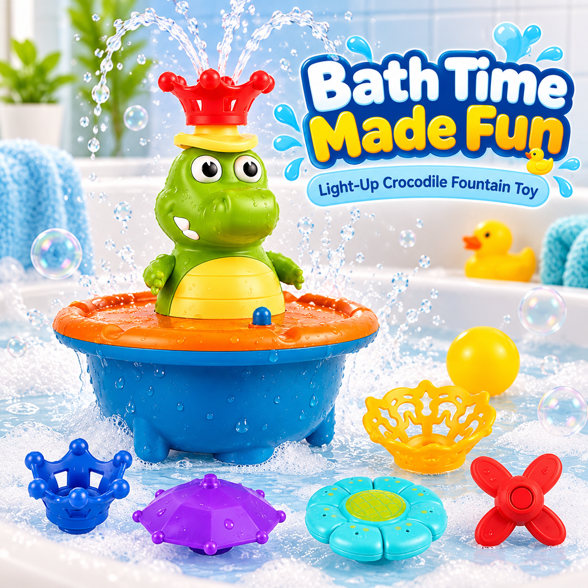 💦 Crocodile Bath Toy for Toddlers, Light Up Fountain with 5 Spray Modes