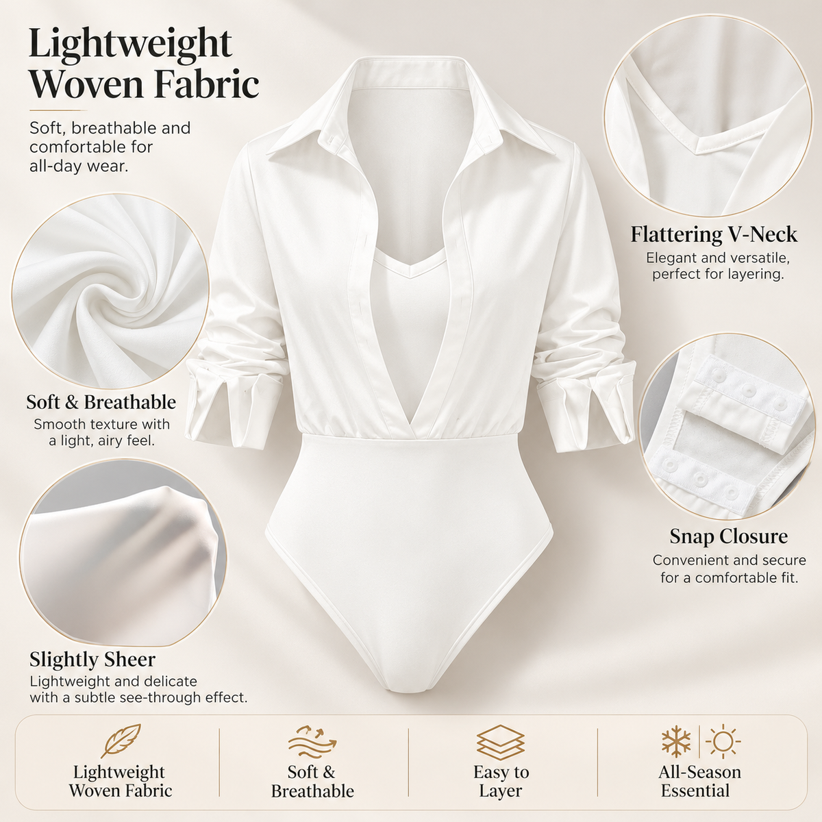 Women's Collared Deep V-Neck Shirt Bodysuit, Long Sleeve Turn-Down Collar Wrap Front Bodysuit Top