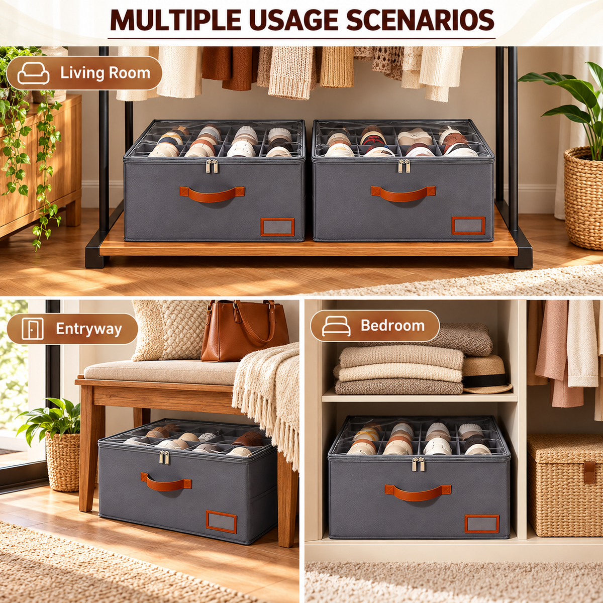 Fabric organizer used in living room entryway and bedroom