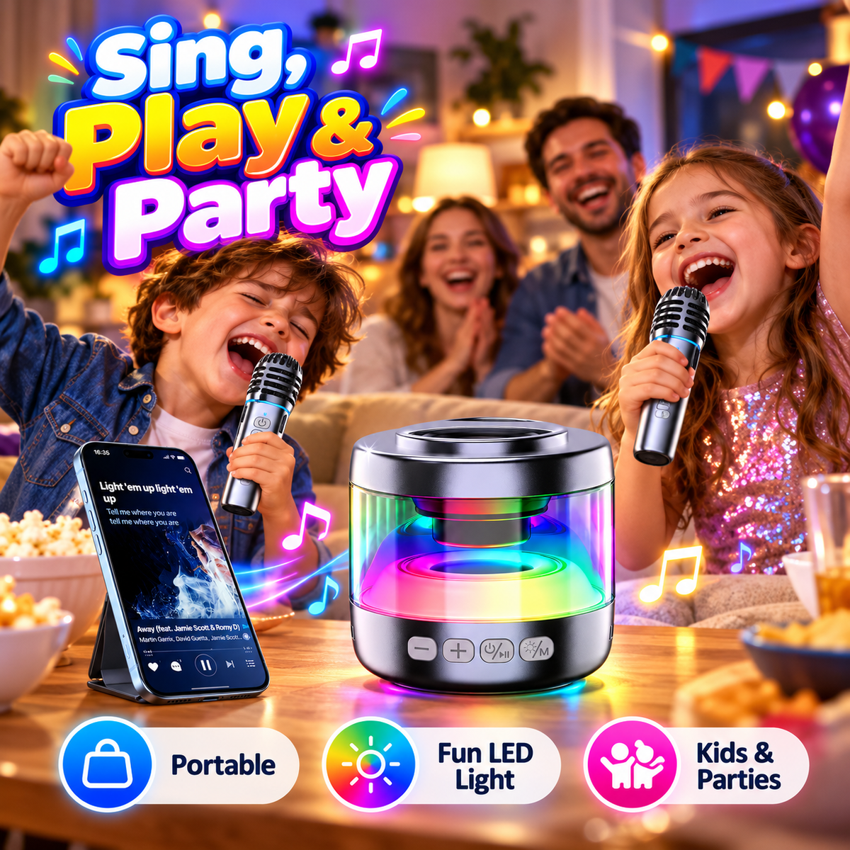 Mini Bluetooth karaoke machine with two microphones and colorful LED lighting