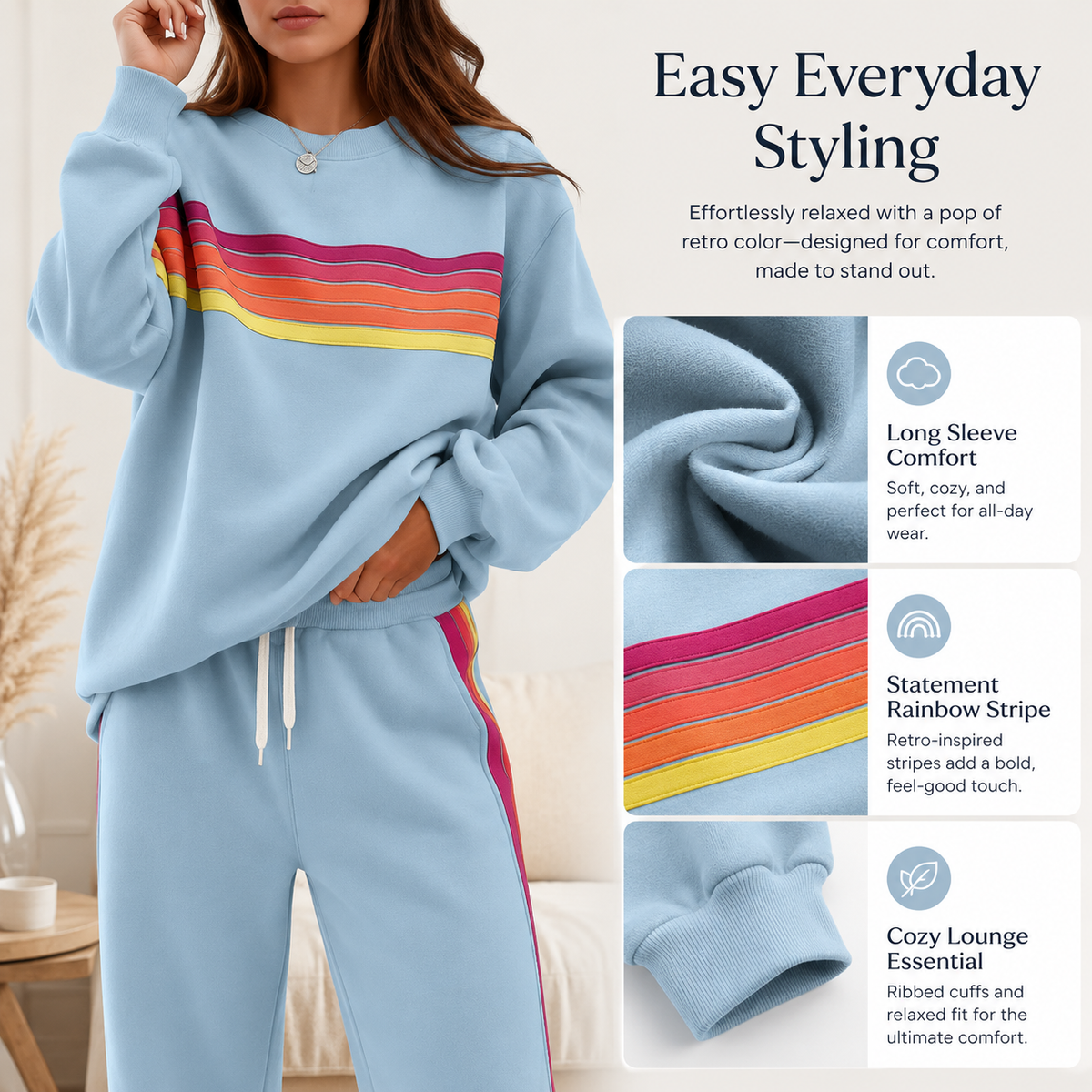 Women's 2-Piece Boxy Sweat Set in Retro Rainbow Stripe