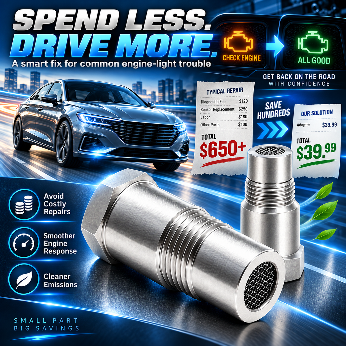 Oxygen Sensor Filter Adapter-Universal M18xl.5 Thread Fit Works on Cars, Trucks & SUVs