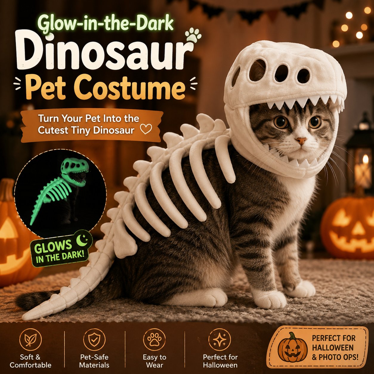 🦖 Glow-in-the-Dark Dinosaur Skeleton Pet Costume