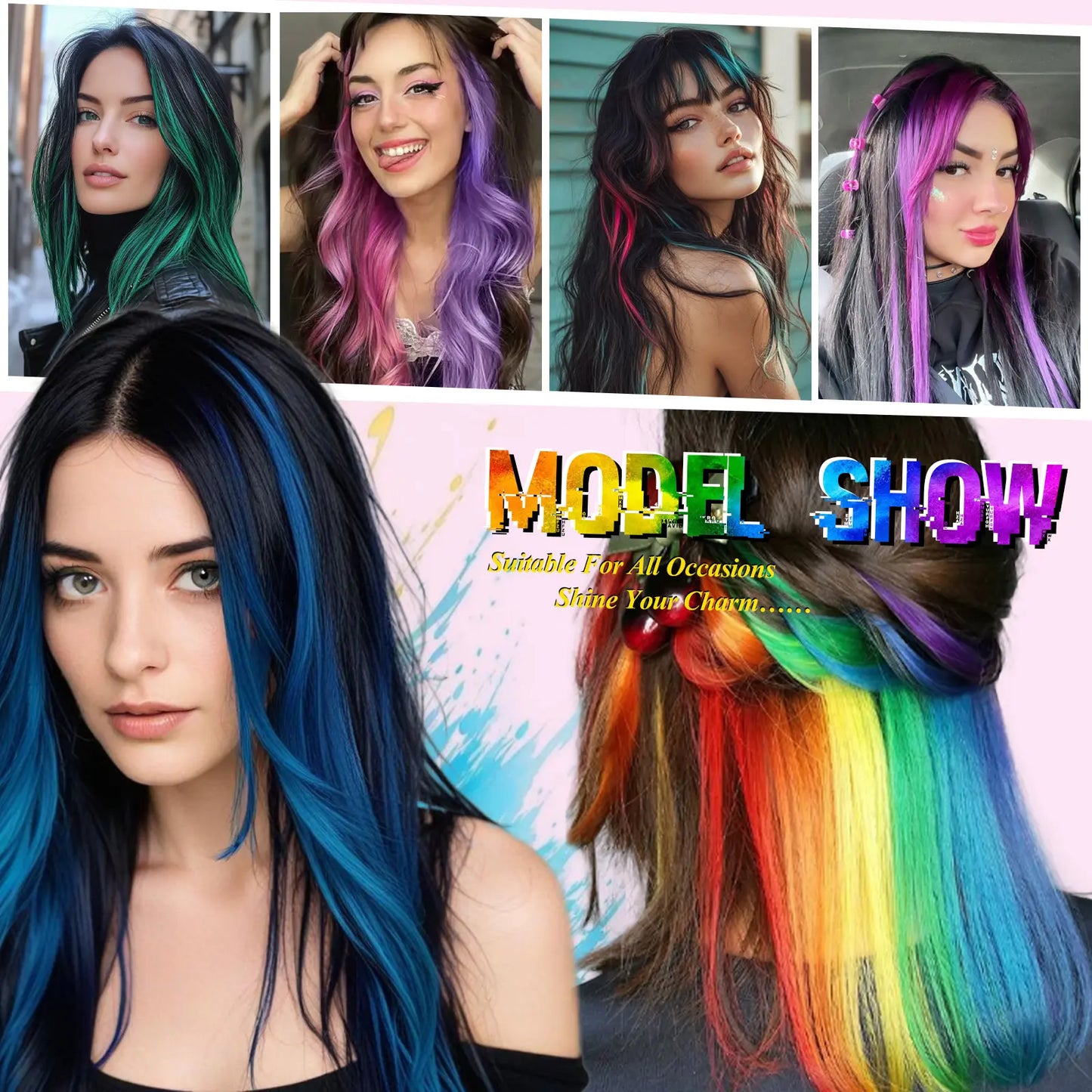 20Inch Rainbow Clip-In Hair Extensions - Vibrant Synthetic Highlights