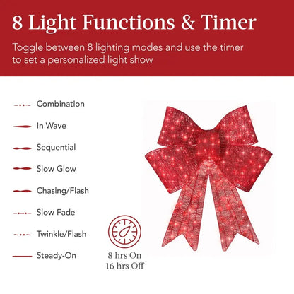 🎄Giant Lighted Christmas Bow – Red LED Outdoor Decoration with 8 Modes & Timer