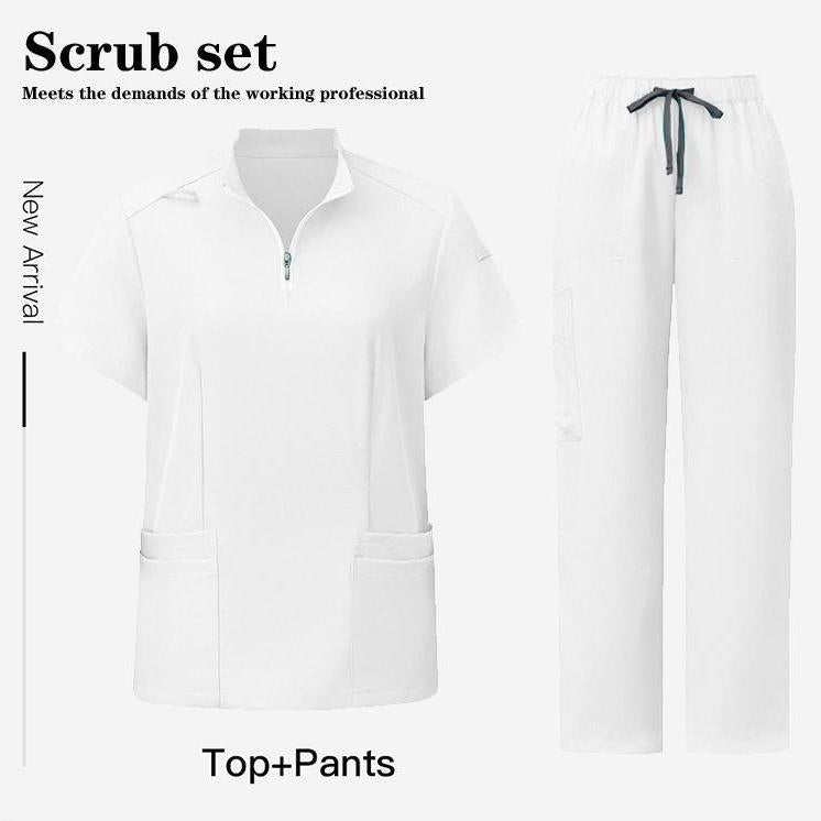 Unisex Surgical Scrubs Set with Stand Collar Zipper Top and Straight Leg Pants