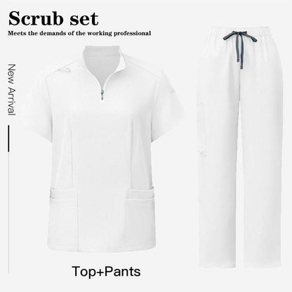 Unisex Surgical Scrubs Set with Stand Collar Zipper Top and Straight Leg Pants