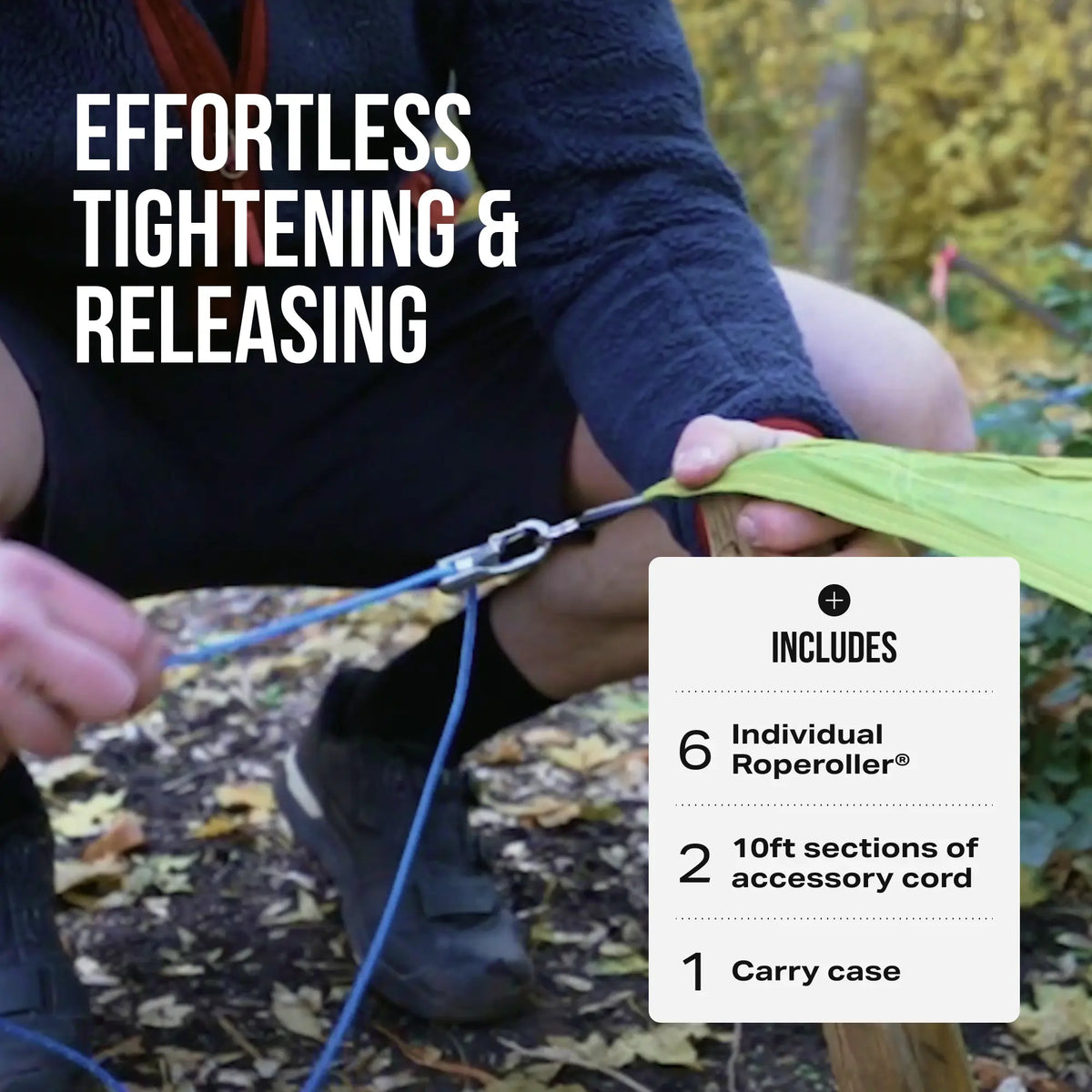 User tightening and releasing a rope line with the roller tensioner