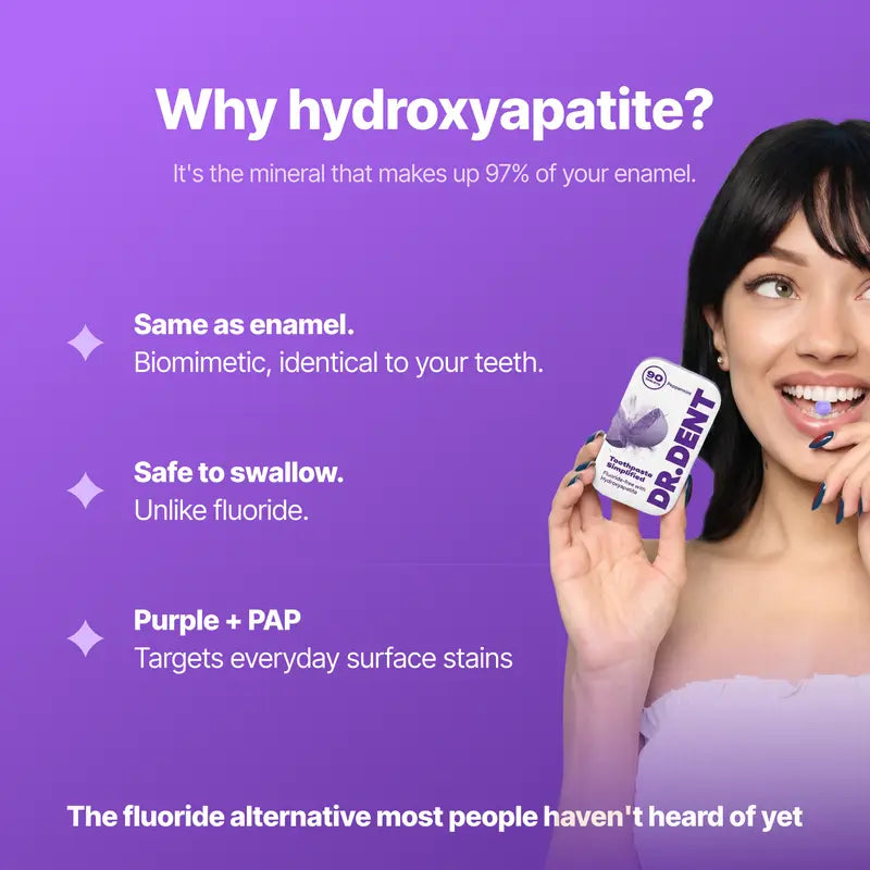Ninety purple toothpaste tablets in a sealed metal tin