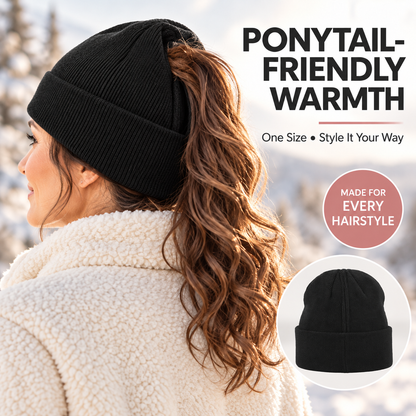 Magnetic-Closure Ponytail Winter Knit Beanie
