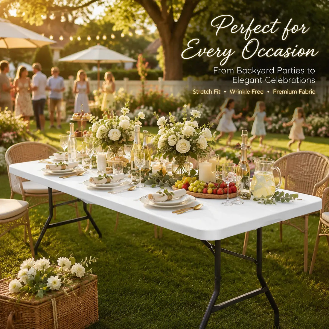 White fitted table cover at an outdoor wedding reception