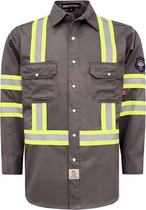 Men's FR Hi Vis Pearl Snap Safety Work Shirt, 7.5oz 100% Cotton Reflective Workwear