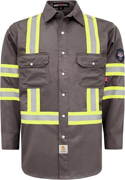 Men's FR Hi Vis Pearl Snap Safety Work Shirt, 7.5oz 100% Cotton Reflective Workwear