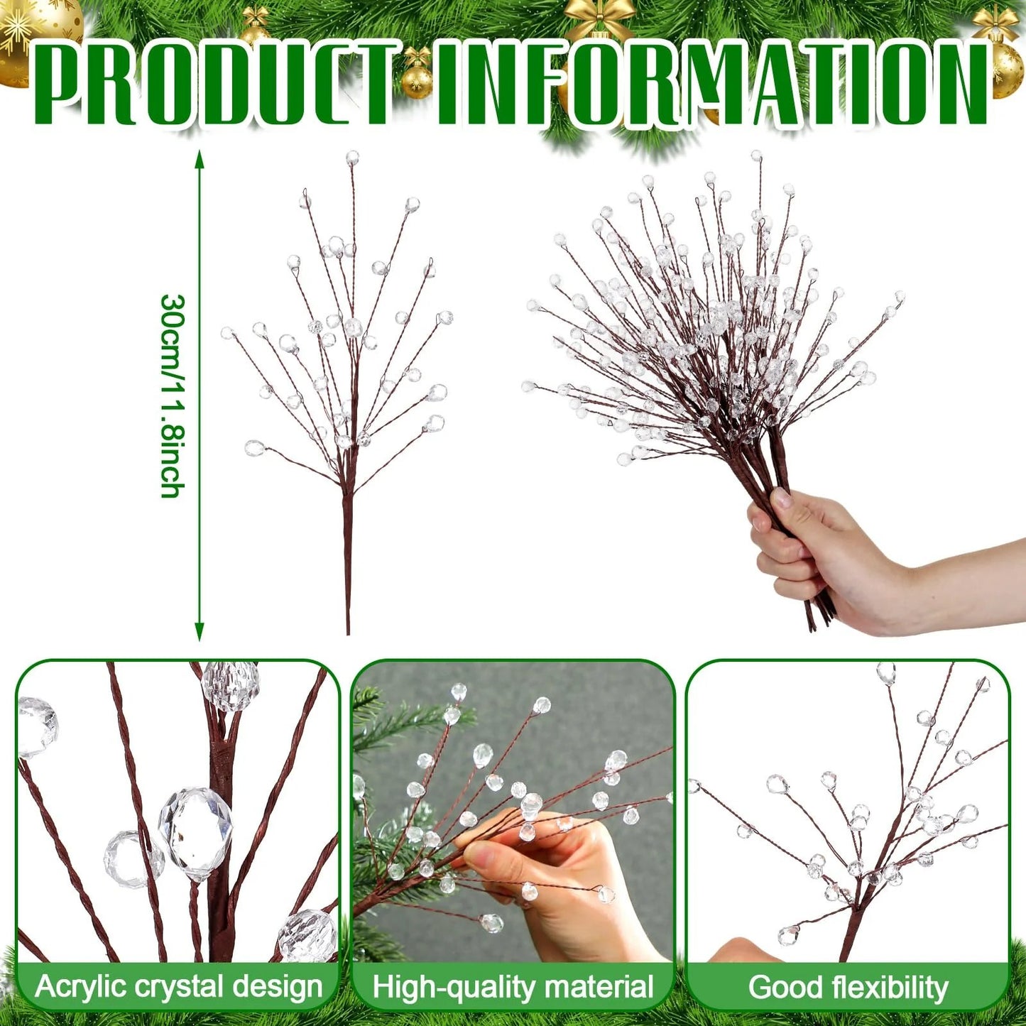 🎄8 Pcs Crystal Christmas Tree Picks, 11.8 Inch with Bead Drop