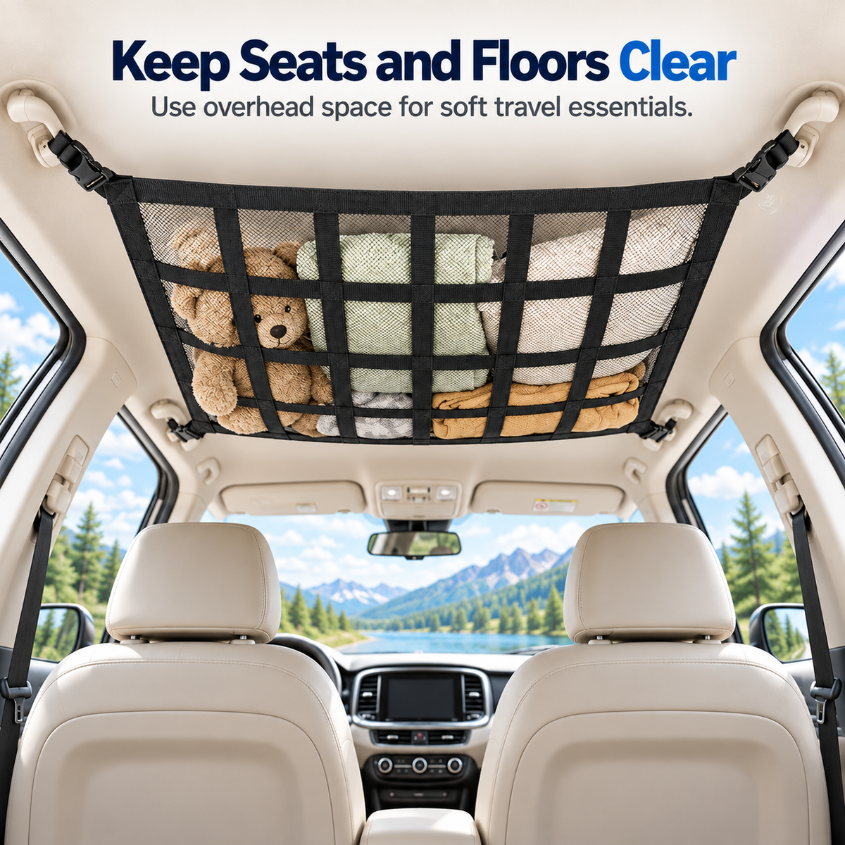 Upgrade Car Ceiling Cargo Net Pocket, Double-Layer Car Roof Storage Organizer