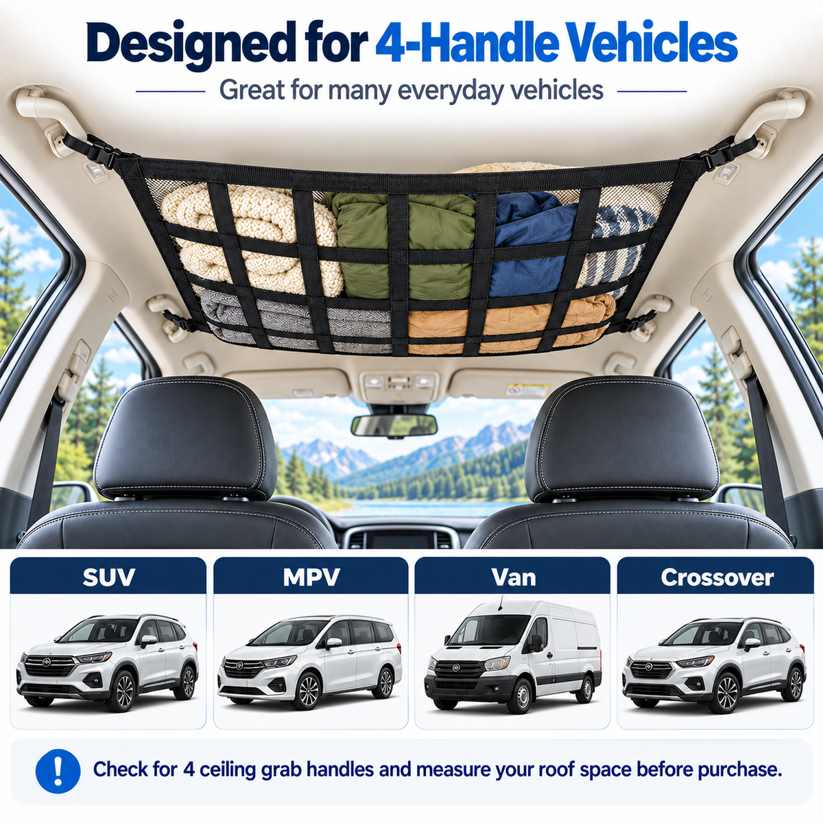 Upgrade Car Ceiling Cargo Net Pocket, Double-Layer Car Roof Storage Organizer